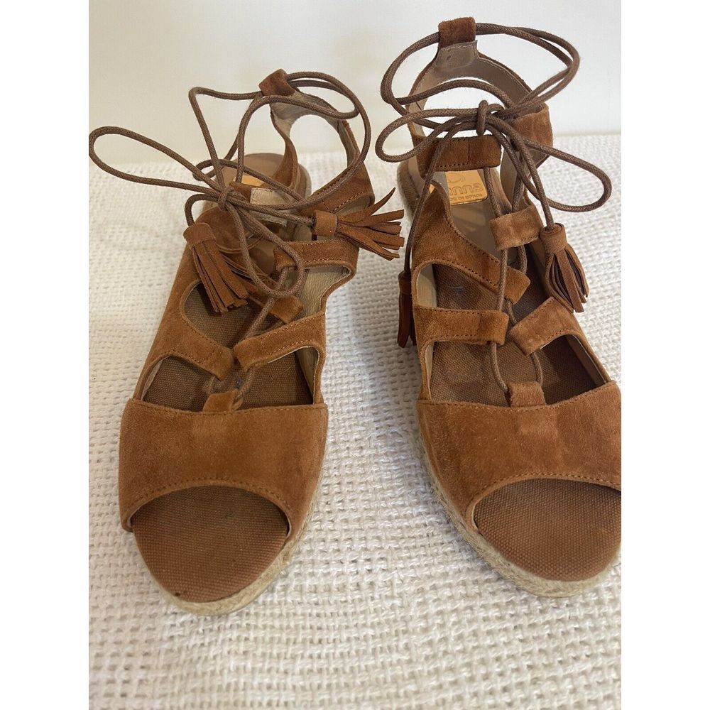 KANNA Ladies Suede Sandals Wedges Espadrilles Lace Up‎ Rust Size 40 US 7.5 Spain